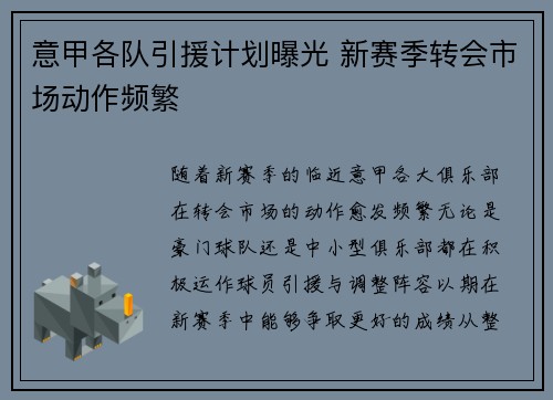 意甲各队引援计划曝光 新赛季转会市场动作频繁