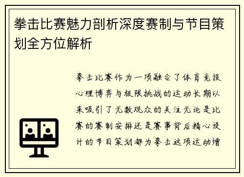 拳击比赛魅力剖析深度赛制与节目策划全方位解析
