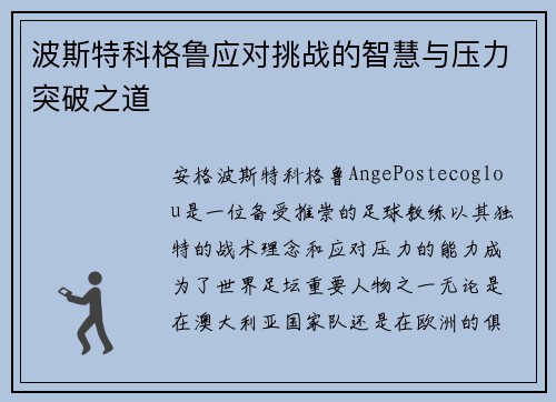 波斯特科格鲁应对挑战的智慧与压力突破之道 波斯特科格鲁应对挑战的智慧与压力突破之道