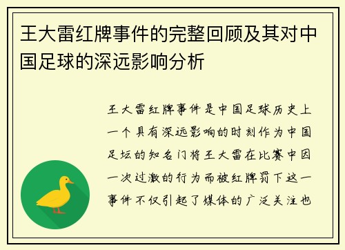 王大雷红牌事件的完整回顾及其对中国足球的深远影响分析 王大雷红牌事件的完整回顾及其对中国足球的深远影响分析