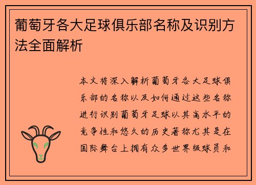 葡萄牙各大足球俱乐部名称及识别方法全面解析
