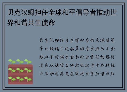 贝克汉姆担任全球和平倡导者推动世界和谐共生使命 贝克汉姆担任全球和平倡导者推动世界和谐共生使命